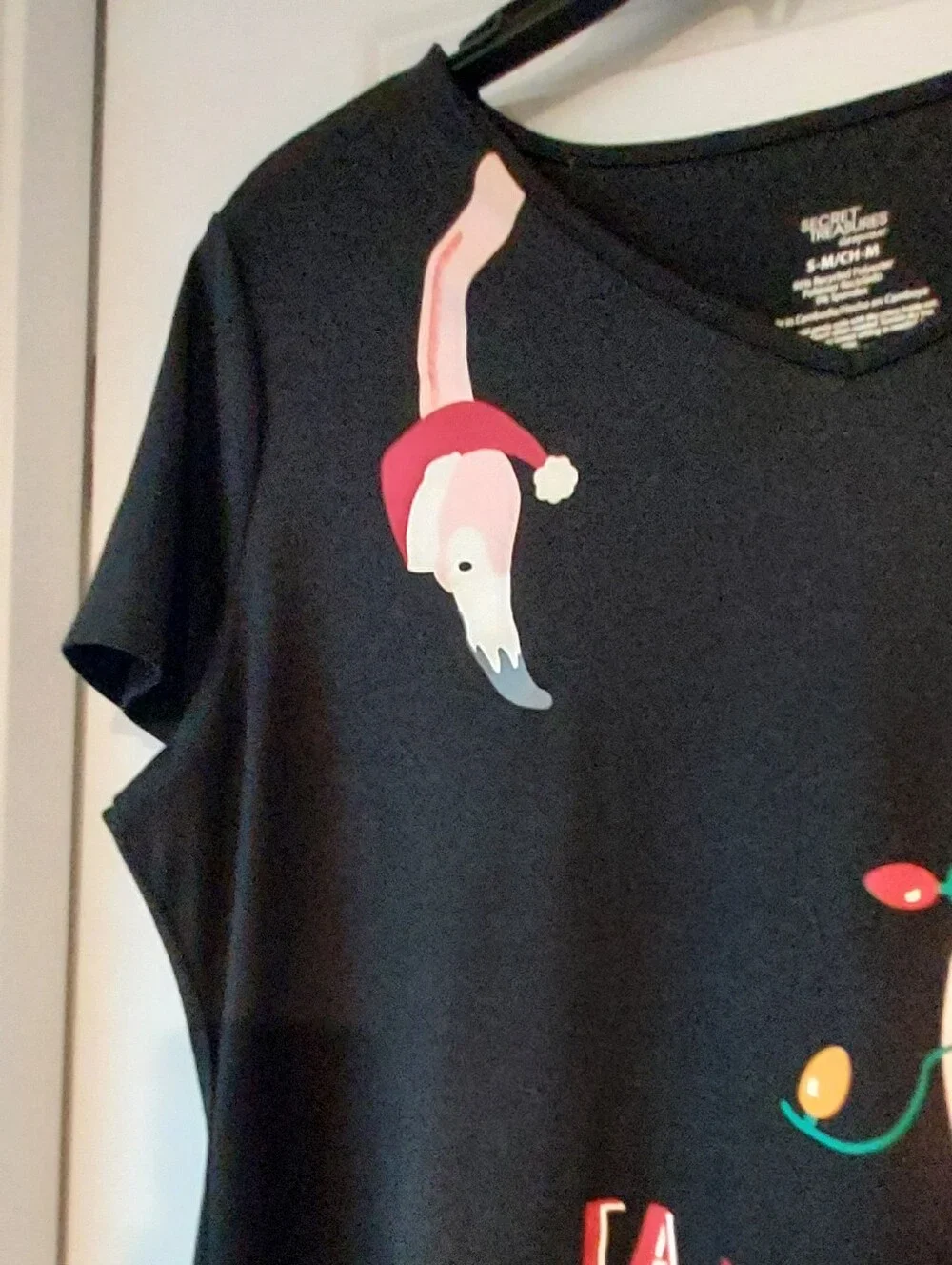 Pink Flamingo Black Nightgown Sleepshirt Loungewear Falala Holiday Lights S/M